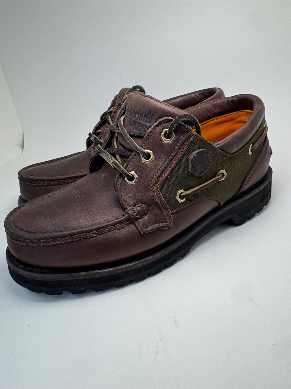 Timberland Mens 3-Eye Lug Boat Shoes GoreTex Brown Leather Green Canvas, 8.5 W